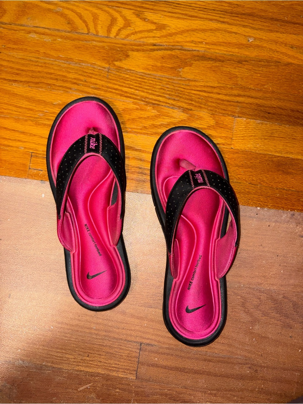 Nike Women's Pink and Black Cushion Comfort Flip Sandals